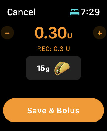user can save the carbs and accept the bolus or cancel the entry on the watch