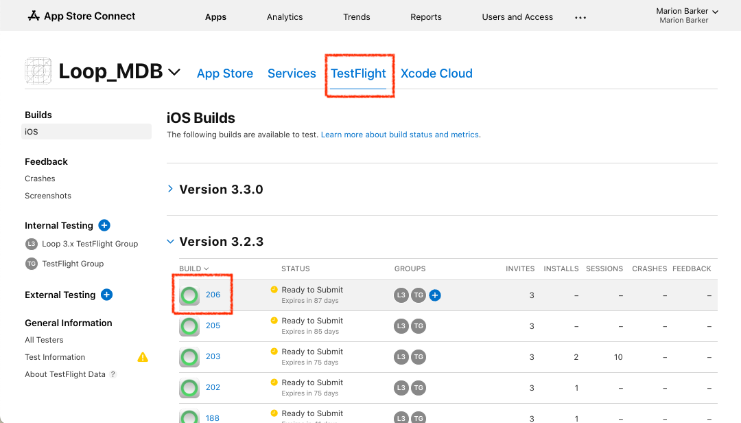 select a TestFlight build to update