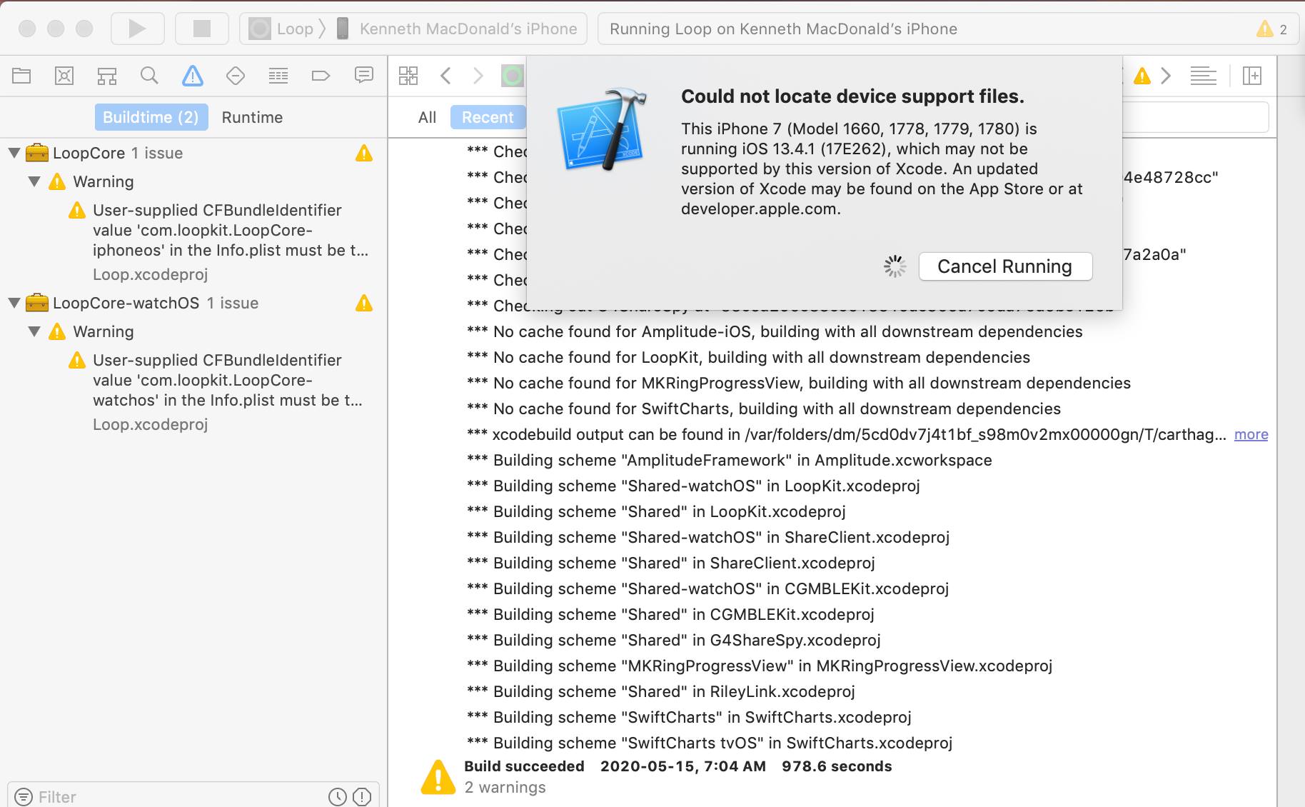 Screenshot: Xcode, error message when Xcode too old for iOS or missing simulators