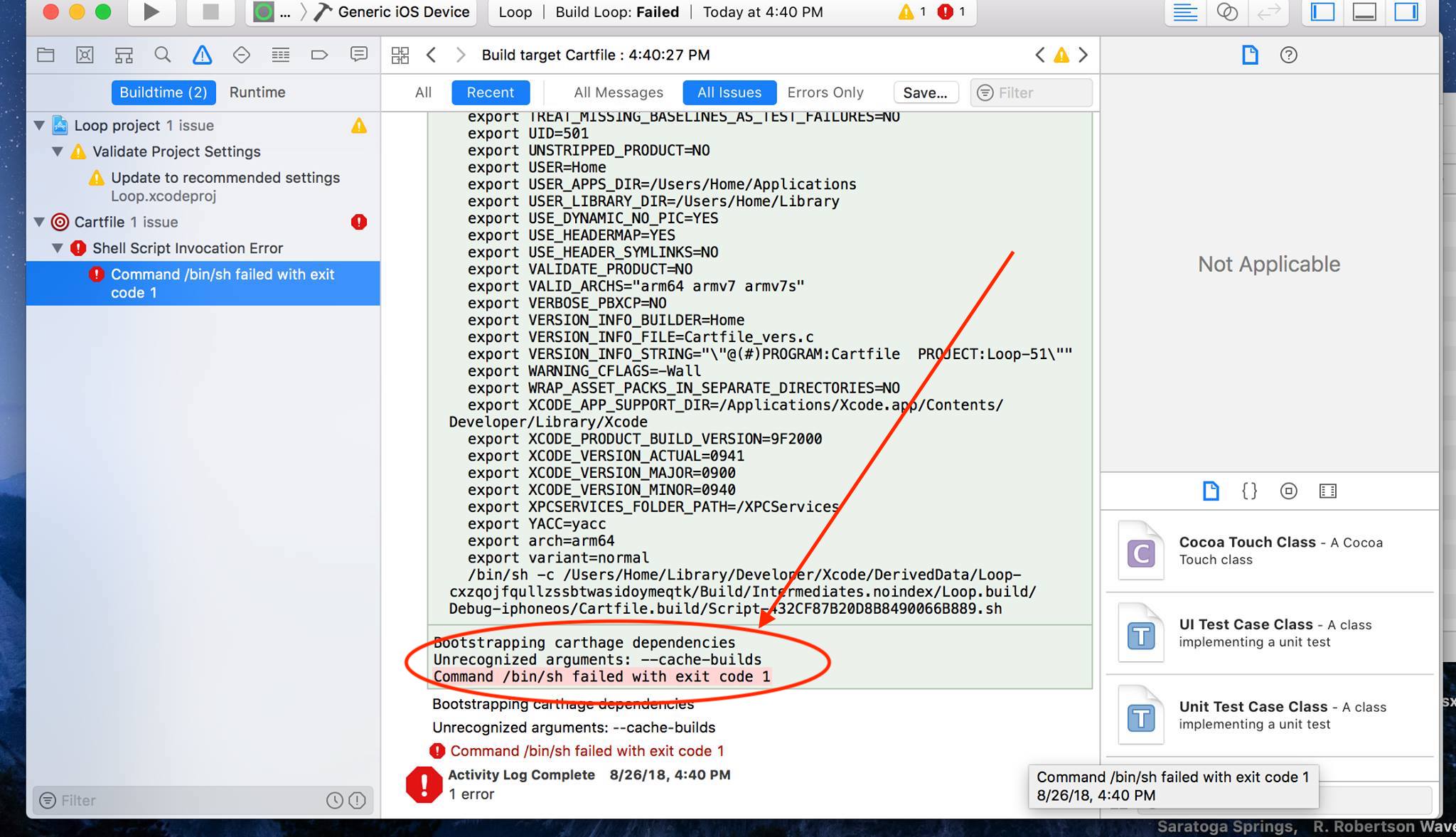 Build failed with error code 1. Unrecognized arguments. Any IOS device arm64 Xcode. LOOPDOCS. Unrecognized Command. Say what?.