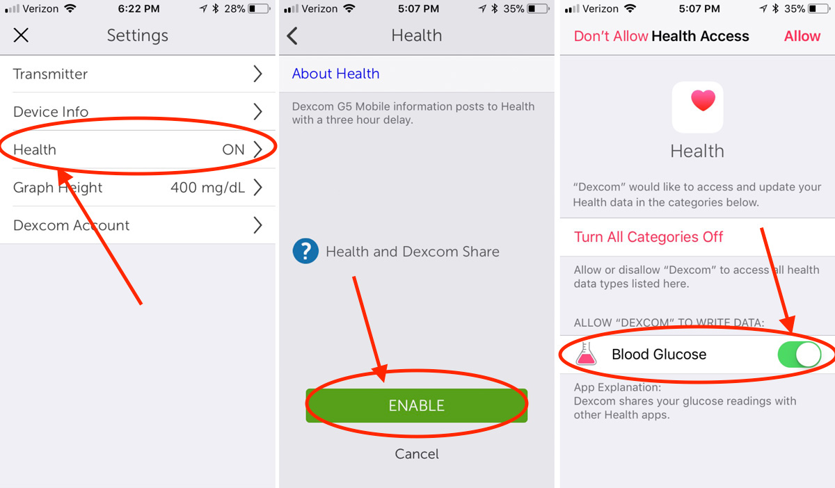 G5 Dexcom app, iOS 12, instructions for enabling Dexcom to write to Health