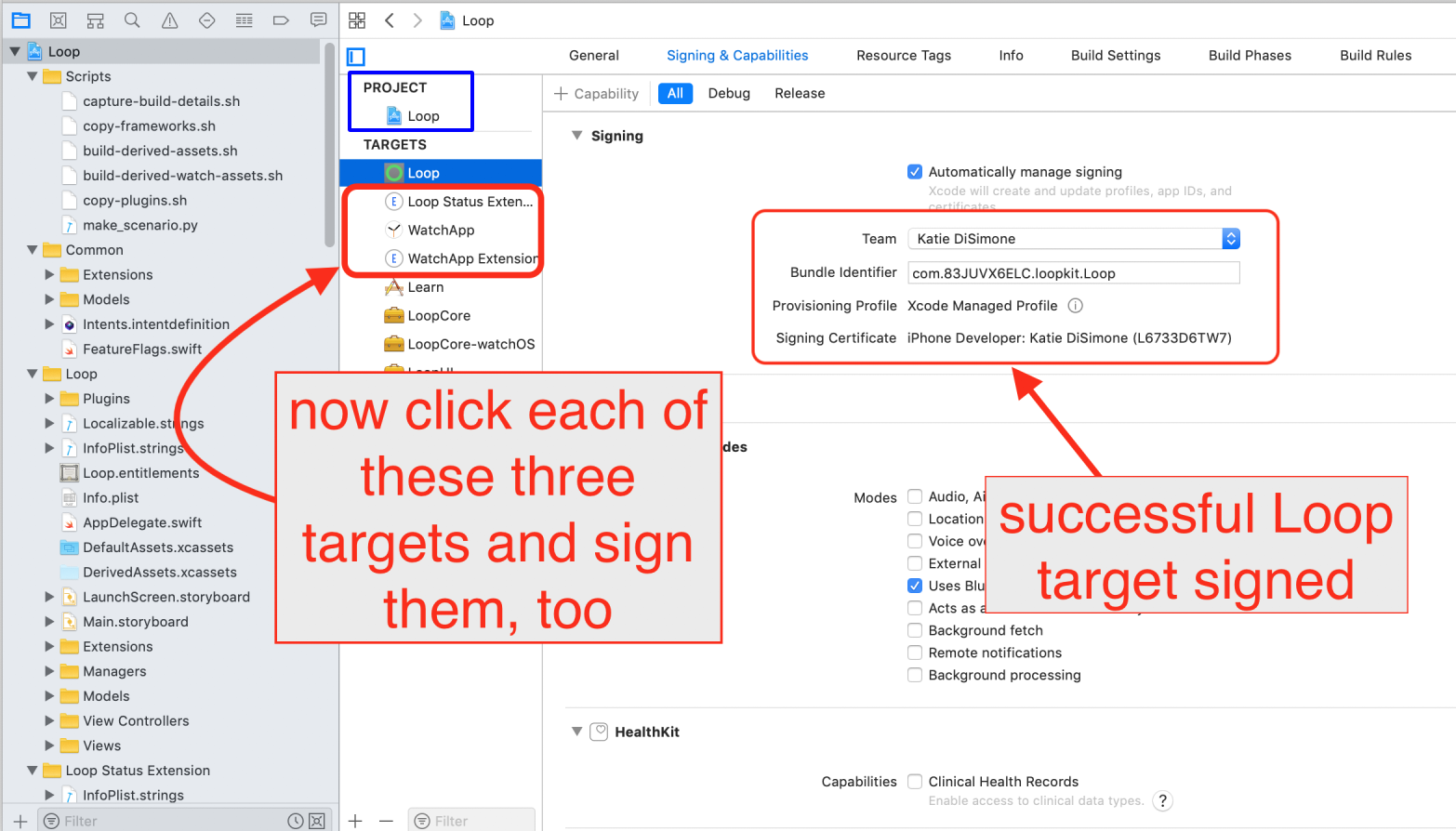 Xcode window showing the targets that must be signed