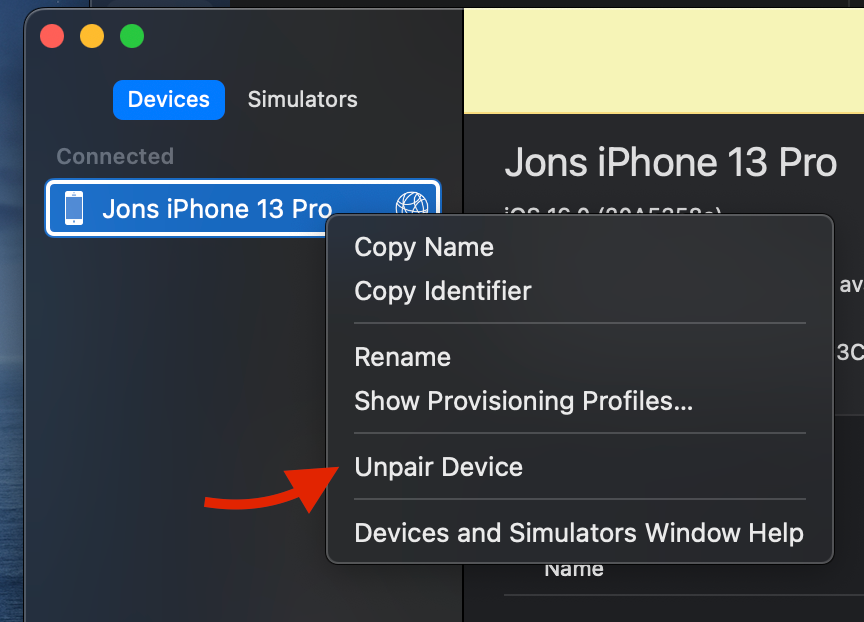unpair device from xcode