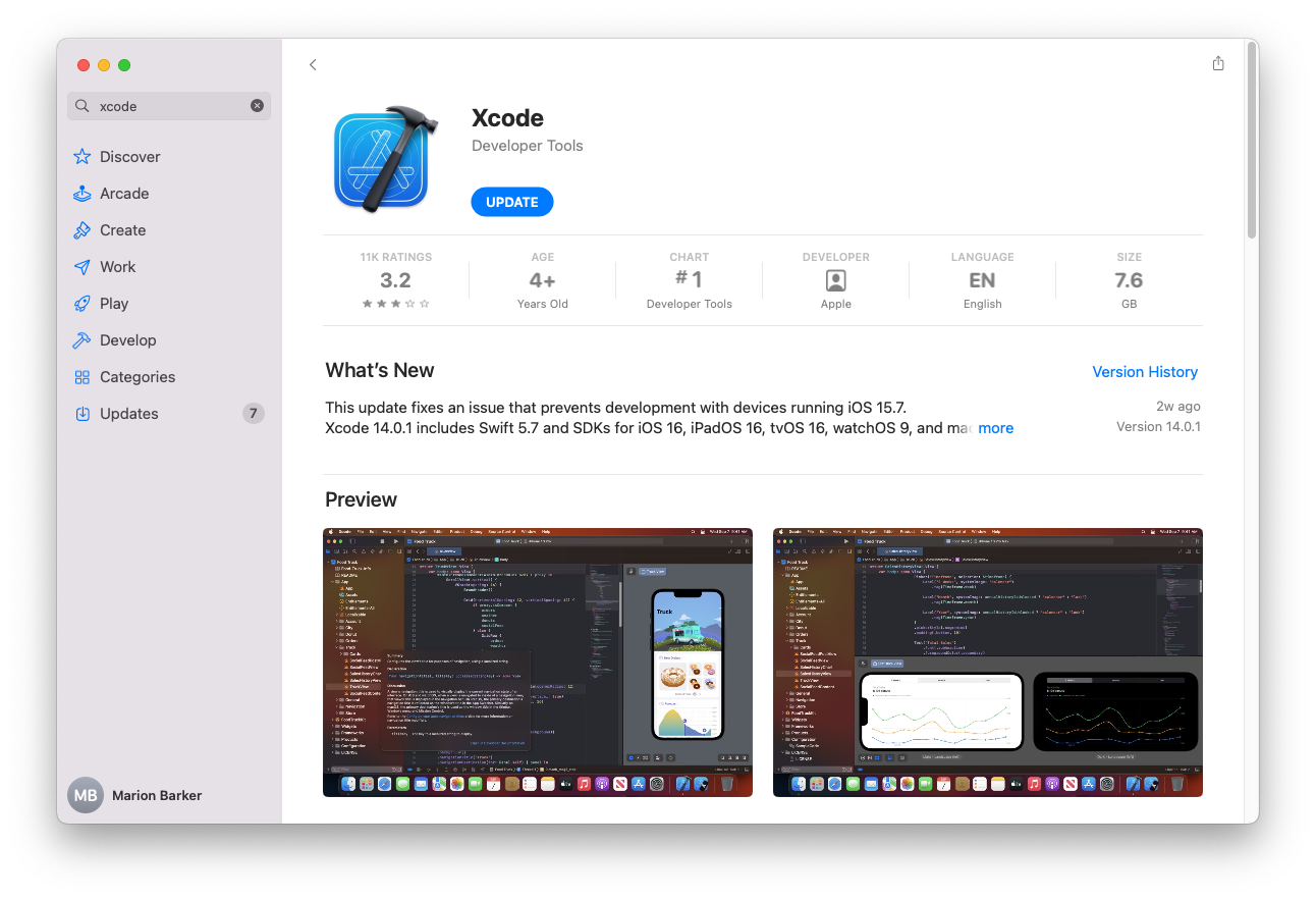 Screenshot: App Store search for Xcode