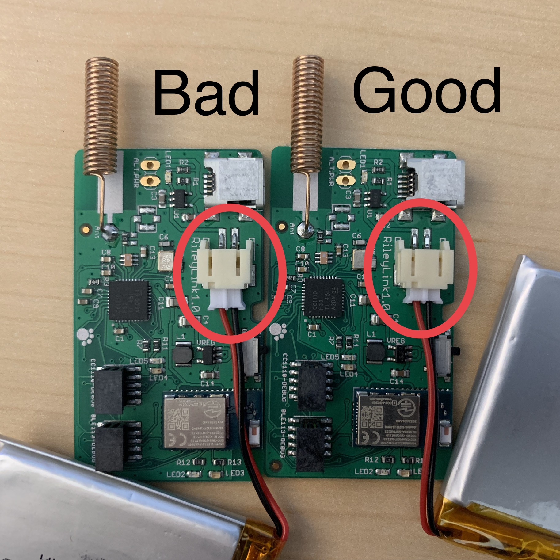 RileyLink showing Bad and Good battery insertion