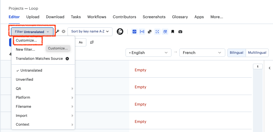 select a custom filter on lokalise