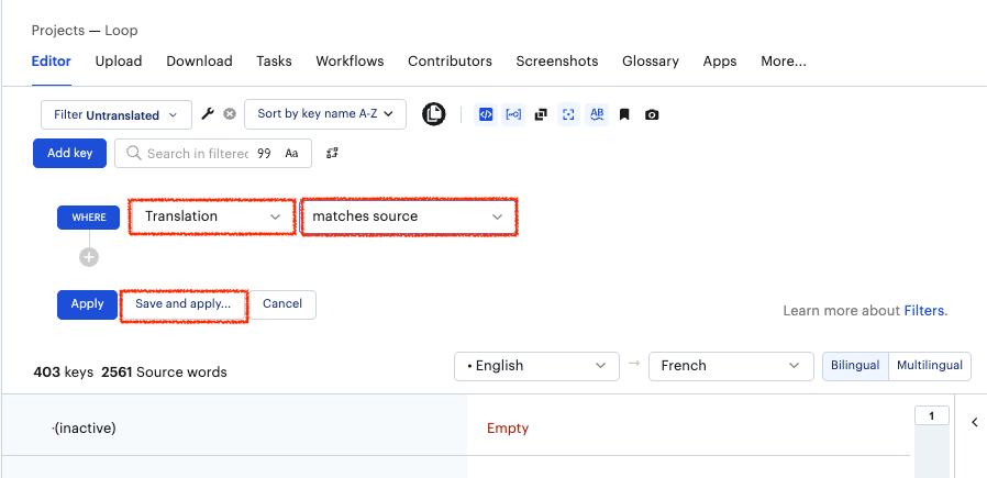 configure a custom filter for same as source on lokalise