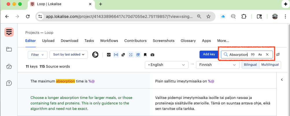 example using custom filter matches source on lokalise