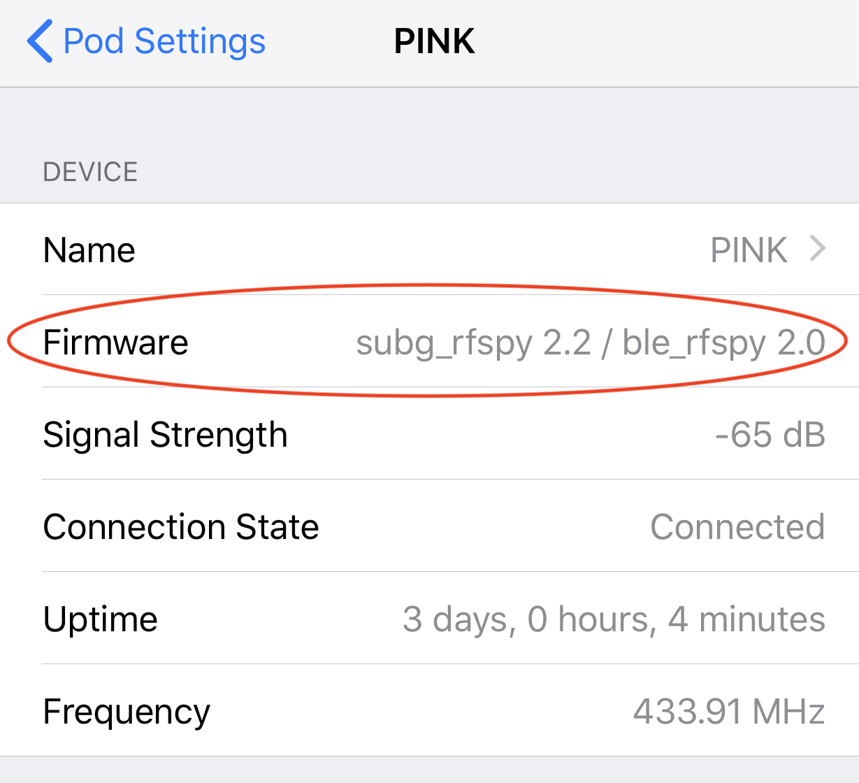 Expected firmware display under device menu for post-Aug 2018 RileyLink