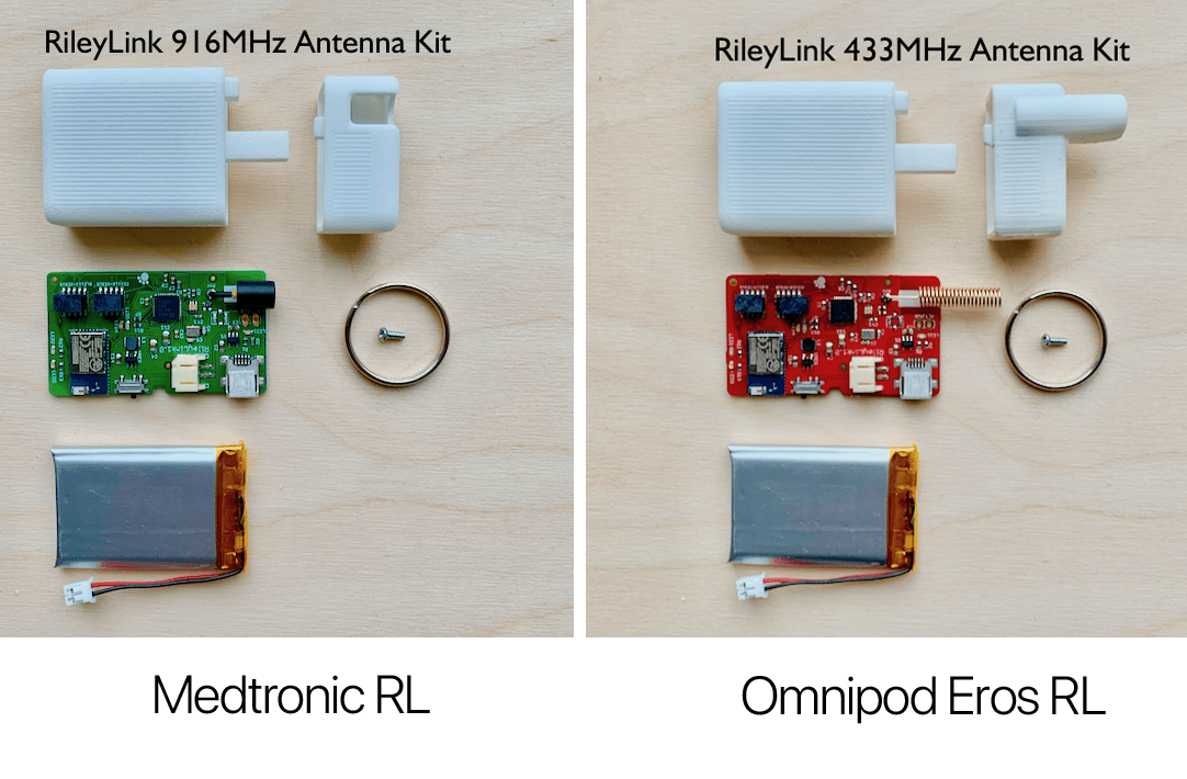 components for RileyLink: case, board, battery; Medtronic on left, Omnipod on right