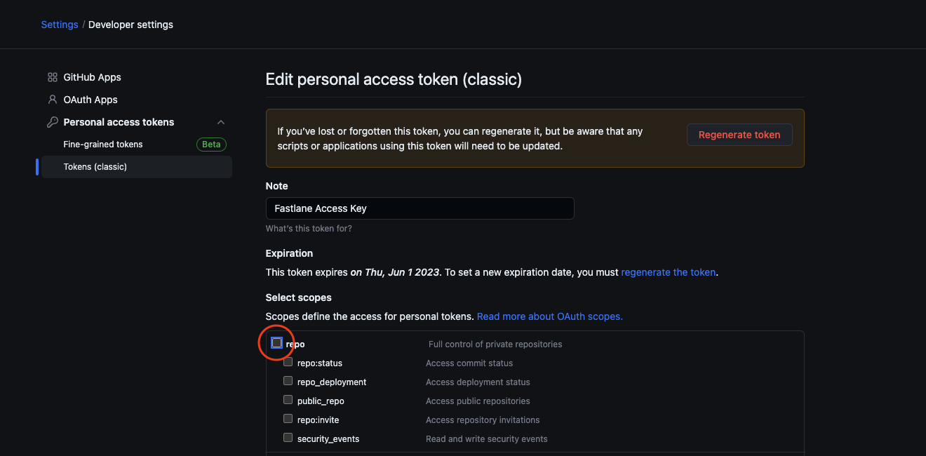 graphic showing missing repo scope with circled checkbox that user must check