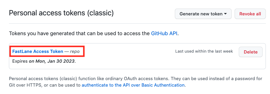 list of personal access tokens on github