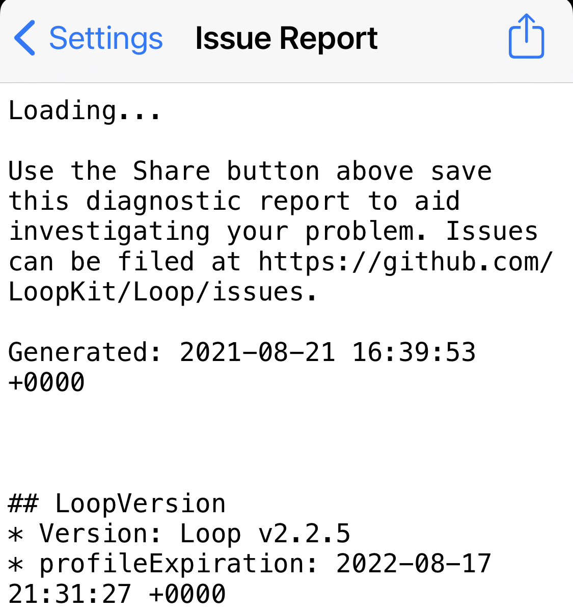 Issue report displays Loop App expiration date