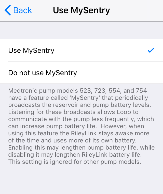 MySentry selection screen for enabling or disabling the option