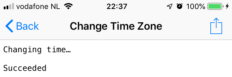Pod screen showing when time zone change succeeded
